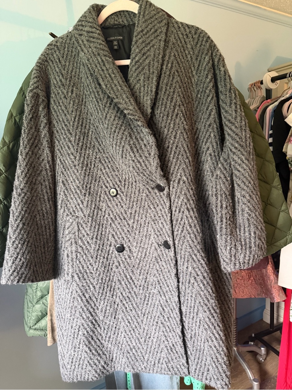 Eileen Fisher Gray Chevron Wool-Blend Double-Breasted Pea Coat s/m